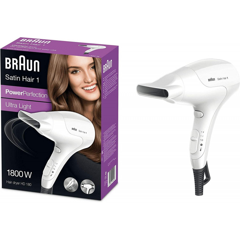 Braun HD180 Satin Hair 1 PowerPerfection Hair Dryer 1800W Ultra Light - White