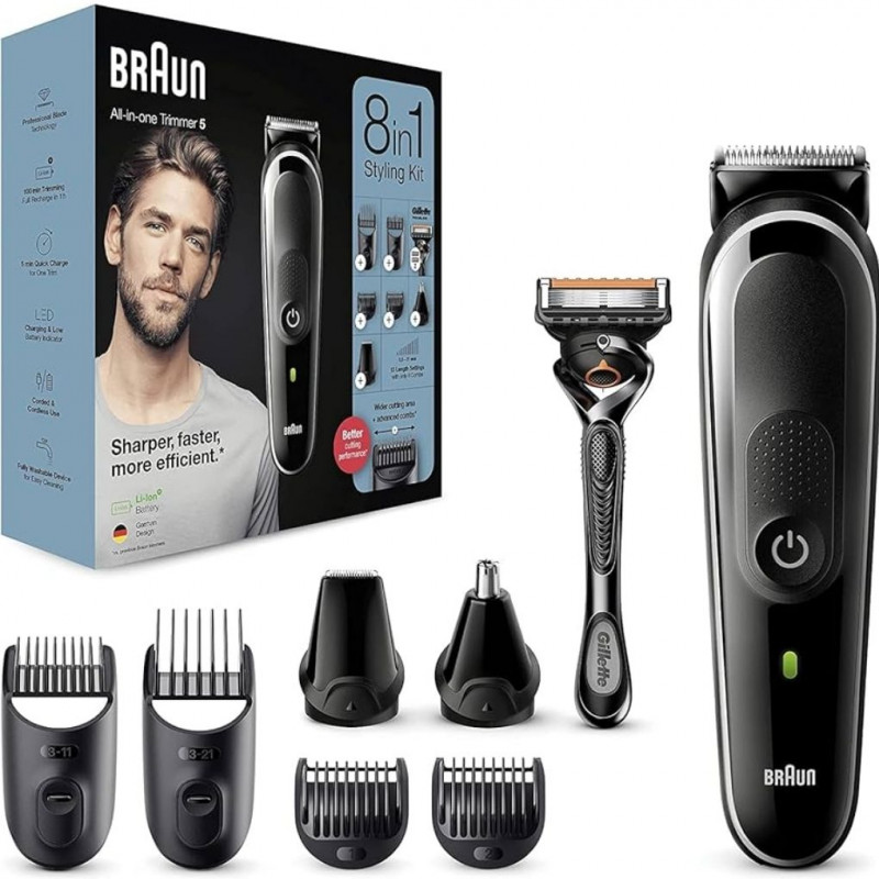 BRAUN All-in-One trimmer 5 for Face, Hair, and Body. 8-in-1 styling kit.