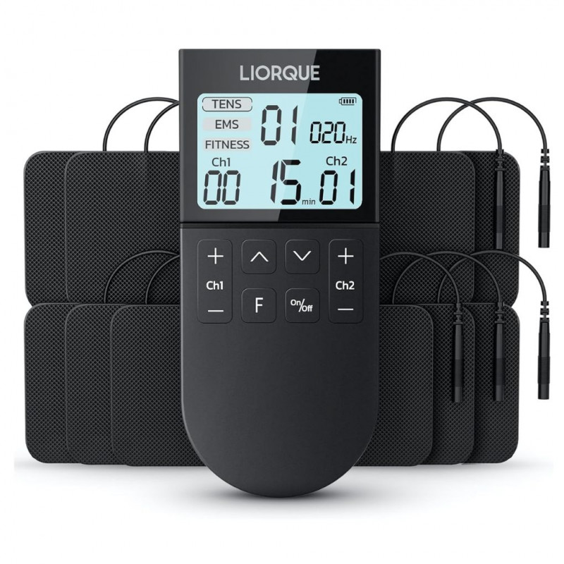 LIORQUE TENS/EMS/FITNESS 3-in-1 Muscle Stimulator, 50 Modes, 10 Pieces of TENS Electrodes, 16 Intensity Levels for Pain Relief B