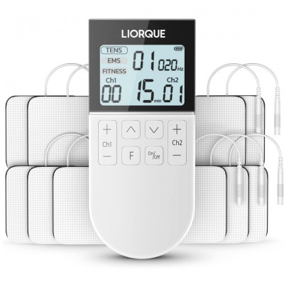 LIORQUE TENS/EMS/FITNESS 3-in-1 Muscle Stimulator, 50 Modes, 10 Pieces of TENS Electrodes, 16 Intensity Levels for Pain Relief W