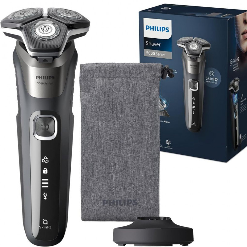 Philips S5887/13 Shaver Series 5000 - Electric wet & dry shaver in carbon grey with 1 integrated fold-out trimmer, soft bag, pro