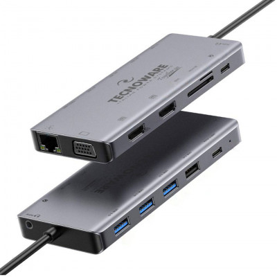 Tecnoware HUB USB Type-C 13  in 1 Adapter: HDMI + USB2.0 + USB3.0 + SDXC + 3.5mm + USB -C + RJ45 + VGA