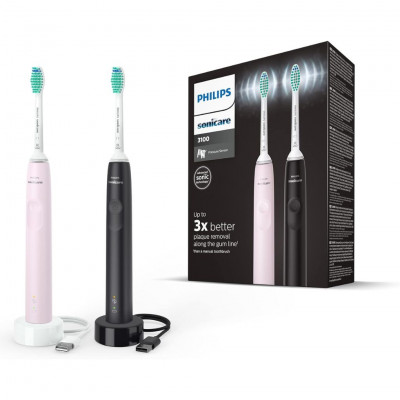 Philips Sonicare 3100 - 2 x Electric Sonic Toothbrush in Black and Sugar Rose with 2 x C2 Optimal Plaque Defense Brush Heads