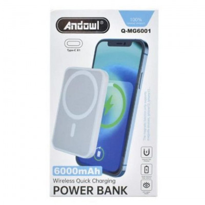 Andowl Mini Wireless Charging Power Bank 6000mAh USB Type-C White