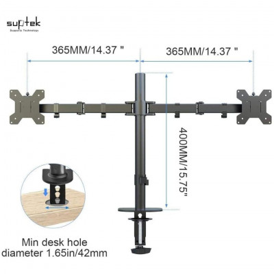 Suptek Dual Monitor Mount, for 13-27 inch LED/LCD Screen, VESA 75/100mm 10 kg Per Arm