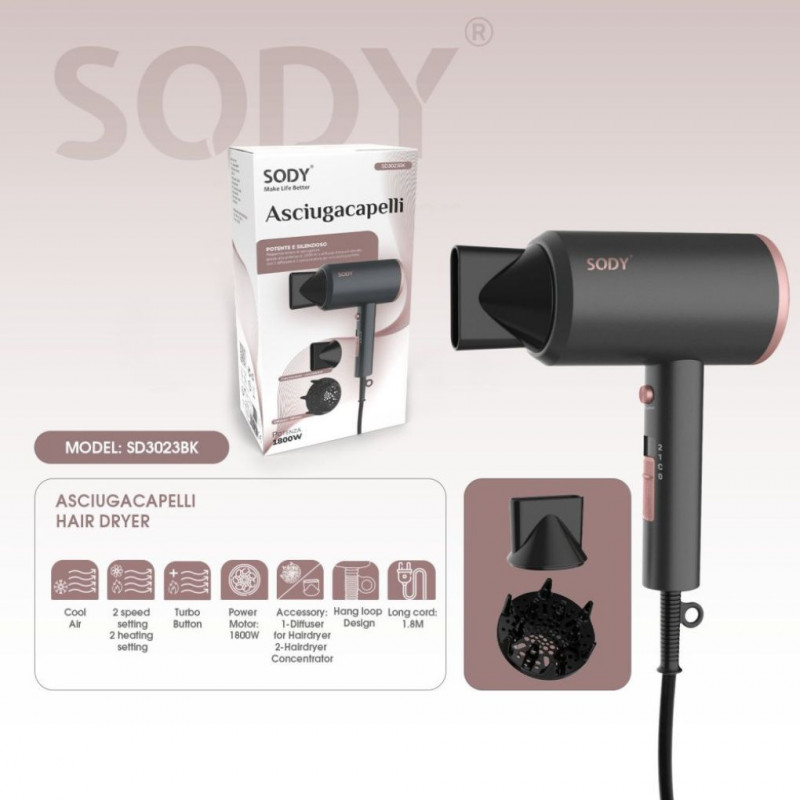 Sody SD3023, 1800W Hairdryer, Diffuser and Concentrator Included