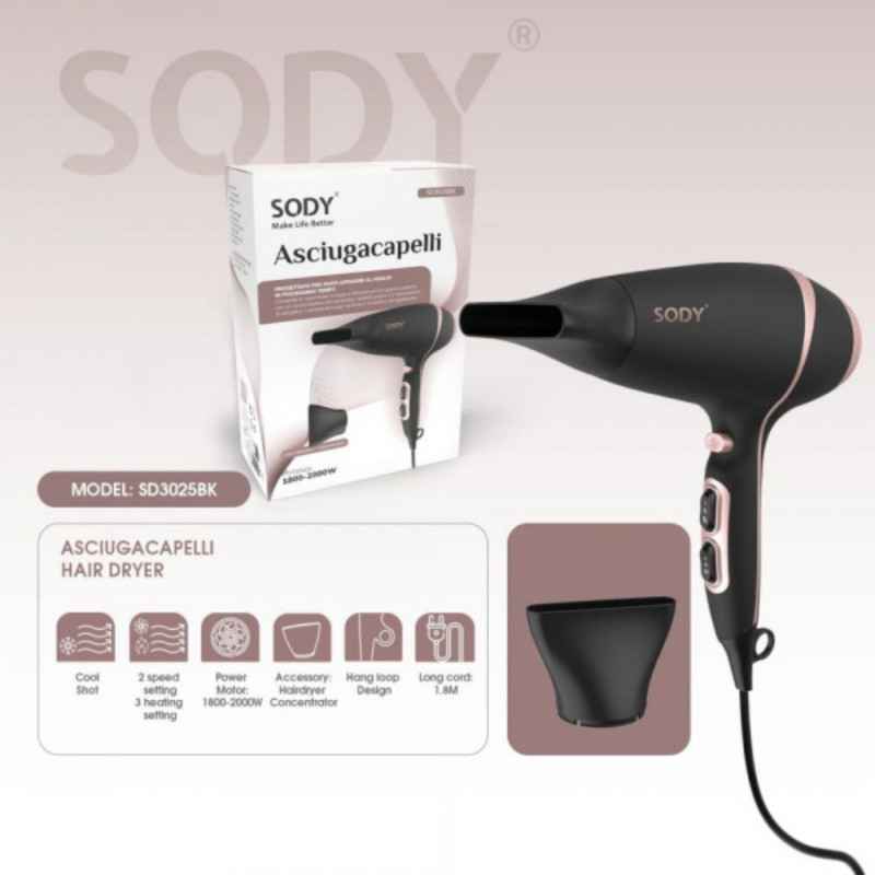 Sody SD3025, 2200W Hairdryer, Concentrator Included, 2 Speed