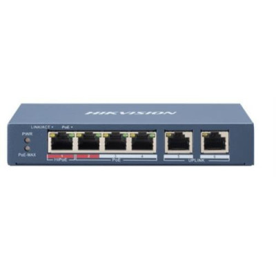 SWITCH HIKVISION L2, Unmanaged, 4 10/100M RJ45 PoE ports, 2 10/100M RJ45 uplink ports, 802.3af/at/bt, port 1 support Hi-PoE 60w