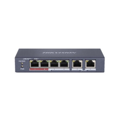 SWITCH HIKVISION L2, Unmanaged, 4 10/100M RJ45 PoE ports, 2 10/100M RJ45 uplink port, 802.3af/at, PoE power budget 35W