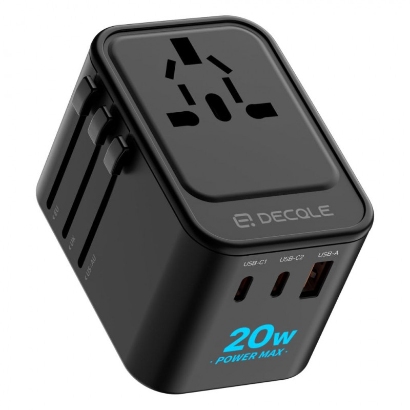 DECQLE Universal Travel Power Adapter with 2 USB-C(PD 20W), 1 USB-A and 1 AC Socket