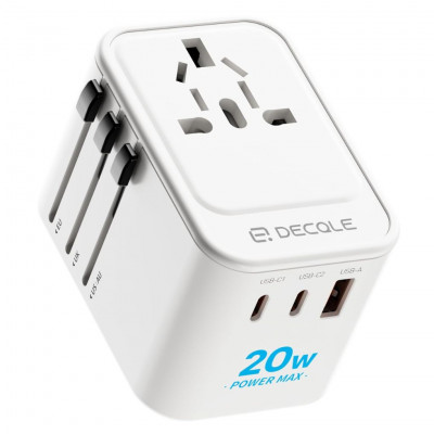 DECQLE Universal Travel Power Adapter with 2 USB-C(PD 20W), 1 USB-A and 1 AC Socket