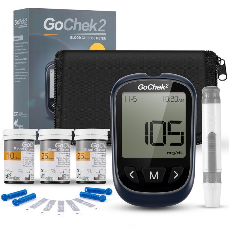 GoChek2 Kit Blood Glucose Meter -Meal Indicator, 500 Memories 60 Test Strips