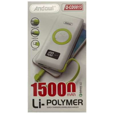 Andowl 15000 mAh Power Bank, Li-Polymer Quick charger 3,0, wireless charger