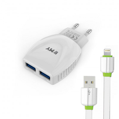 EMY MY-221, 5V 2.4A, Travel Charger, 2xUSB, With USB Lightning Cable, 1m, White