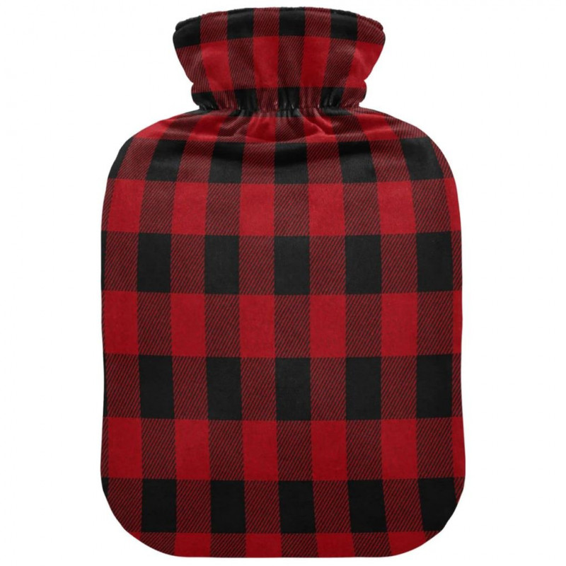 Red Black Plaid Geometric Hot Water Bottle with Cover, 2 L