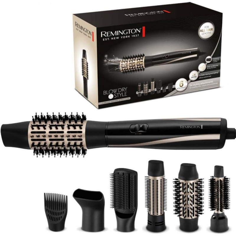 Remington Hot Air Brush [Includes 6 Attachments: 25, 38, 50 mm Round Brush, Styling Nozzle, Flat Brush, Hairline Booster] Blow D