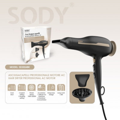 Sody SD3024, 2200W Professional AC Motor Hairdryer, Diffuser and Concentrator Included