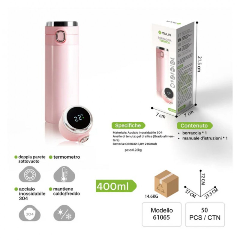 MU Thermal Water Bottle Intelligent LED Temperature Display Touch 400ml Pink