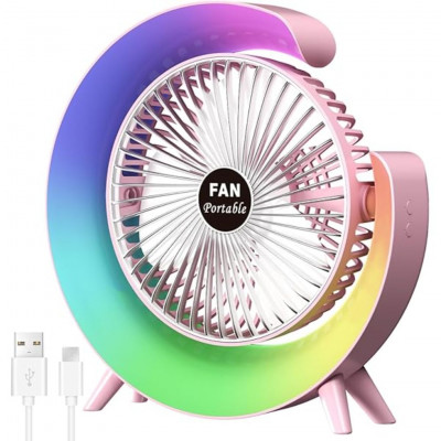 USB Desk Fan with RGB Mood Light, 3 Speeds 1800mAh Rechargeable, 180°Adjustment