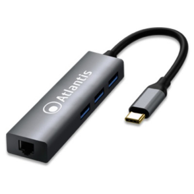 ADATTATORE ATLANTIS A04-TC_LAN+HB da USB-C a LAN + USB-3.0 a 3 Porte