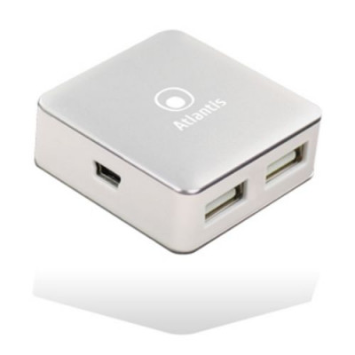 HUB ATLANTIS P014-UH28 4 porte USB-2.0. Piccolo e portatile per PC e Notebook. Cavo.Finitura bianca con cover alluminio