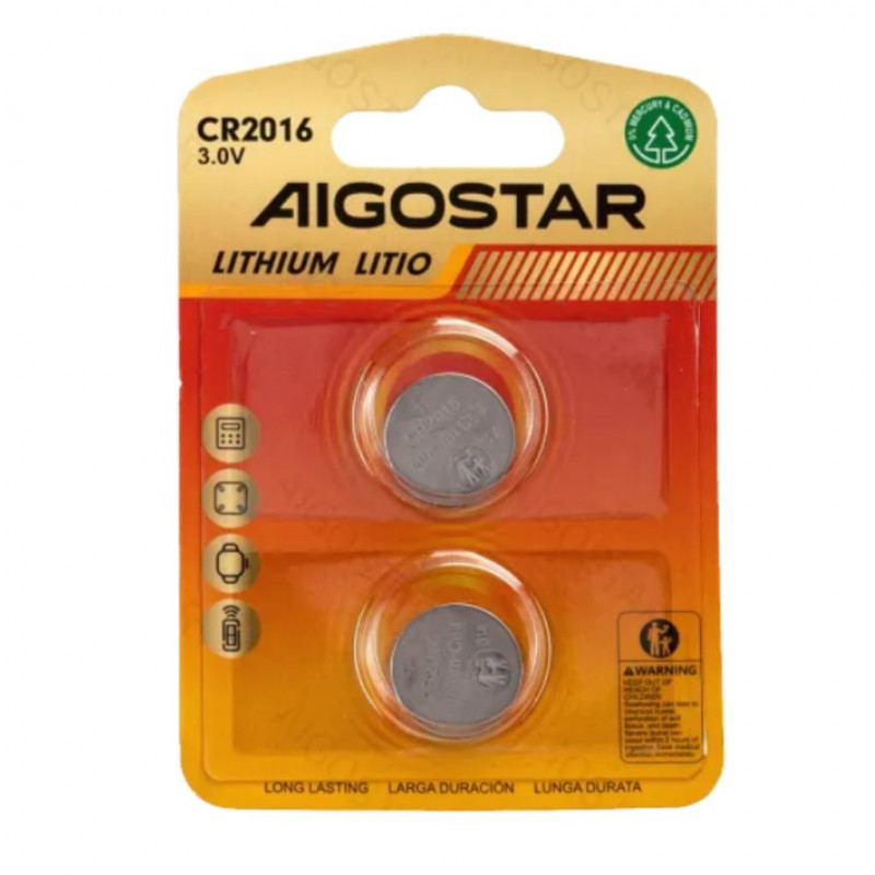Aigostar Coin cell batteries CR2016 3.0V Pack of 2