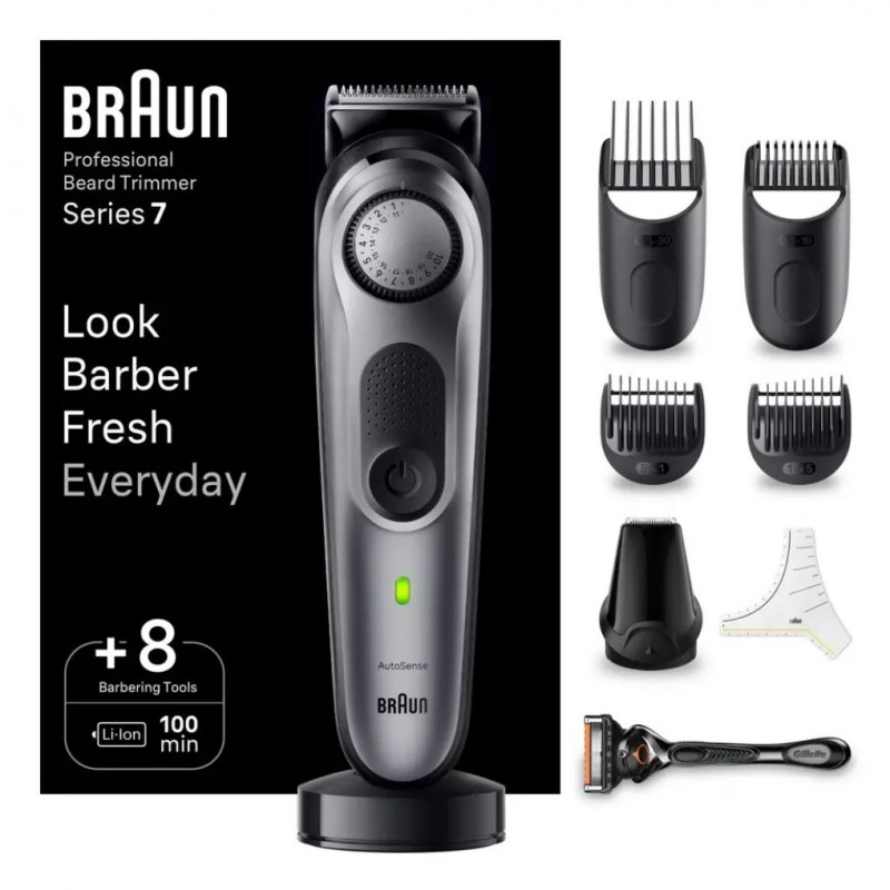 Braun Series 7 Pro Beard Trimmer With ProBlade, 8 barbering tools, grey