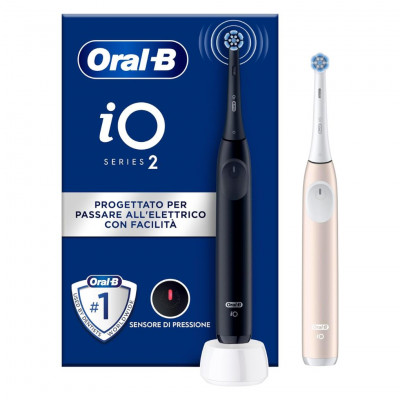 Oral-B iO 2 Oral B Electric Toothbrush, Black and Pink, 1 Replacement Head, 2 Toothbrushes, Gentle on Gums, Effective on Plate, 