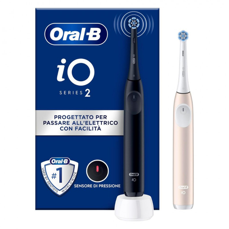 Oral-B iO 2 Oral B Electric Toothbrush, Black and Pink, 1 Replacement Head, 2 Toothbrushes, Gentle on Gums, Effective on Plate, 