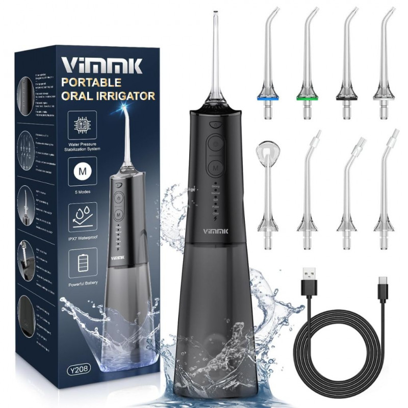 Vimmk Cordless Oral Irrigator, IPX7 Waterproof Rechargeable for Home/Travel (Black)