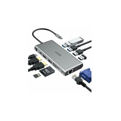 AUKEY 12-in-1 USB-C to 4x USB-A, Gigabit Ethernet, SD, MicroSD, 2x 4K HDMI, USB-C 100w PD, VGA FHD-60Hz