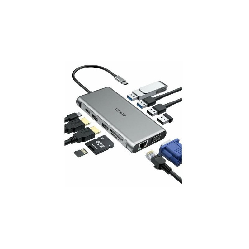 AUKEY 12-in-1 USB-C to 4x USB-A, Gigabit Ethernet, SD, MicroSD, 2x 4K HDMI, USB-C 100w PD, VGA FHD-60Hz