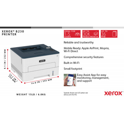 Xerox B230 A4 34ppm Wireless Duplex Printer PCL5e 6 2 Trays Total 251 Sheets