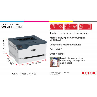 Xerox C230 A4 22ppm Wireless Duplex Printer PS3 PCL5e6 2 Trays Total 251 Sheets