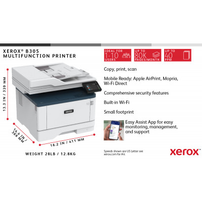 Xerox B305 A4 38ppm Wireless Duplex Copy Print Scan PS3 PCL5e 6 2 Trays 350 Sheets
