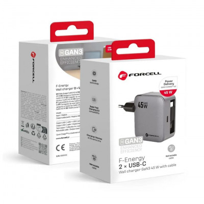 Forcell F-Energy GaN III VT-R5 Travel Charger with Retractable Cable Type C and Type C PD QC4.0 3A 45W gray
