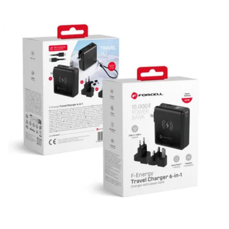 Forcell F-Energy 6-in-1 Charger USB-A + USB-C PD 45W + Power Bank 15000 mAh + Wireless Charging 15W, Black