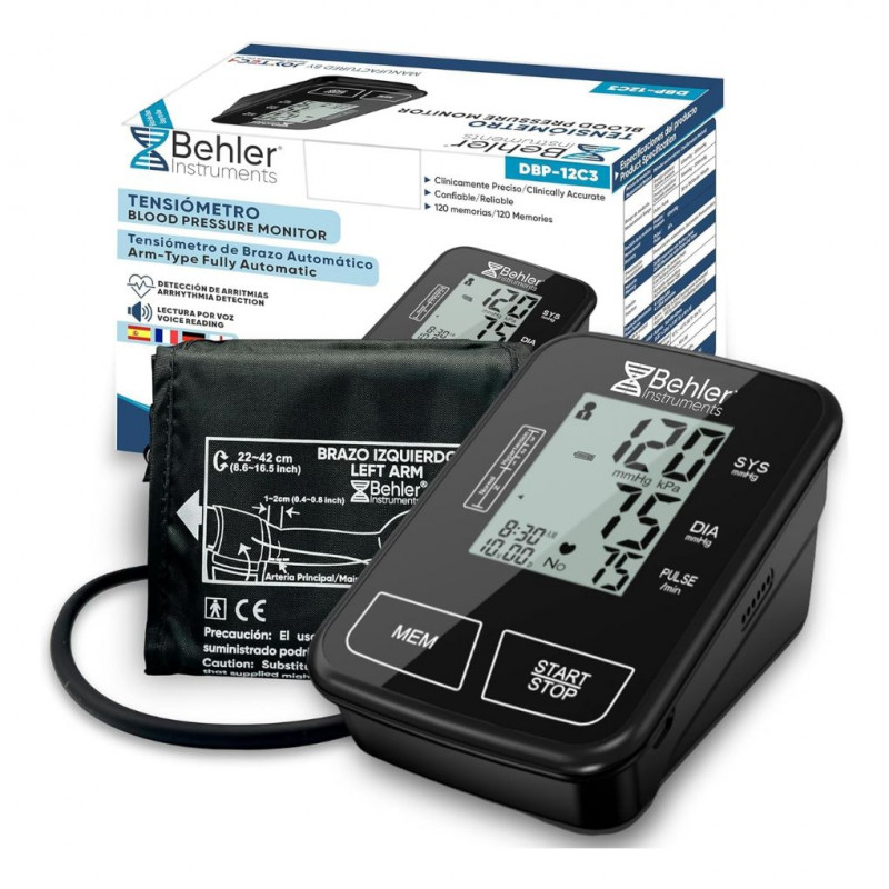 Behler Digital Arm Pressure Monitor - Arrhythmia Detection, Voice FR/EN/DE/ES, LCD Screen, 300 Data/2 User Memory, Wristband 22-