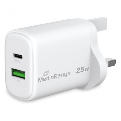 MediaRange 25W GaN Fast Charging Adapter (UK Plug), 1x USB-C and 1x USB-A, Supports USB-C, Power Delivery and Quick Charge, Whit