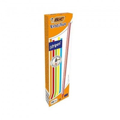 BIC Evolution Graphite Pencils - Box of 12 - HB Lead with Colourful Striped Design - Wood-Free and Splinter-Proof, Yellow, Green