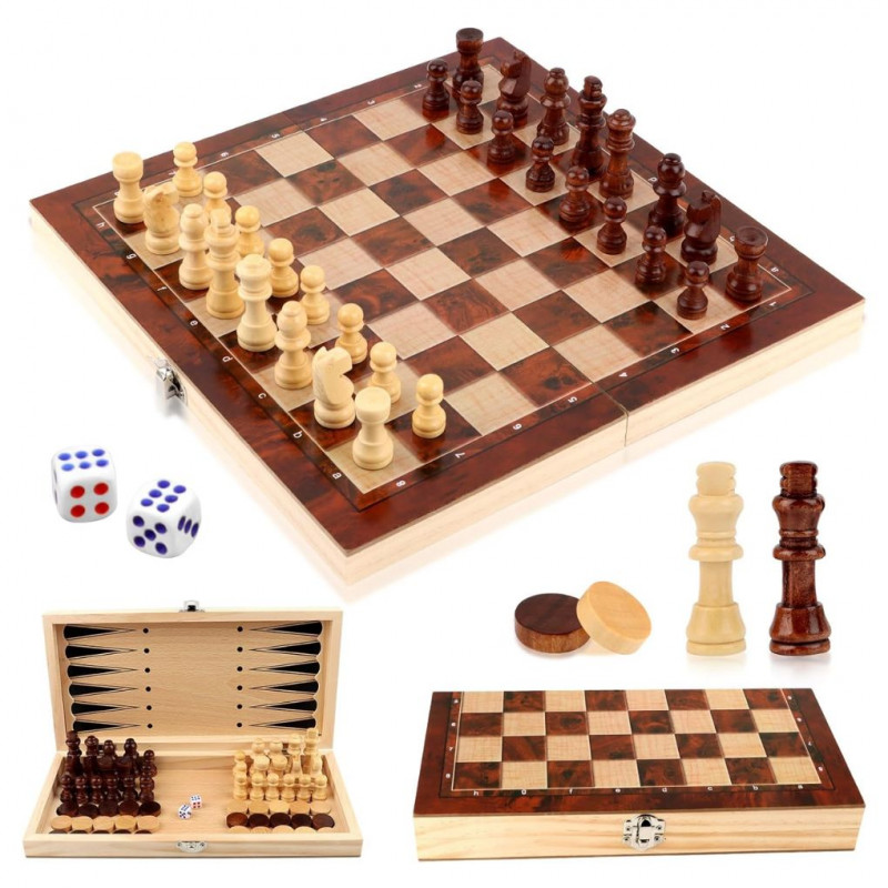 Talifoca 3 in 1 Wooden Chessboard, for Kids Adults Travel Party 29x29cm