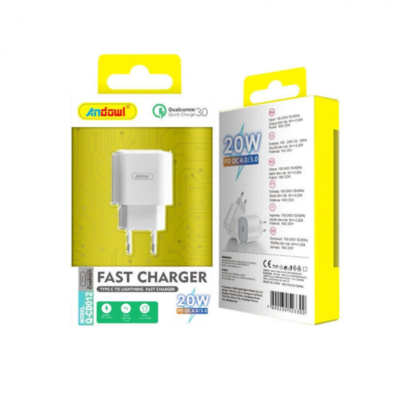 Andowl Charger Without Cable with USB-C Port 20W Power Delivery / Quick Charge 3.0 / 4.0