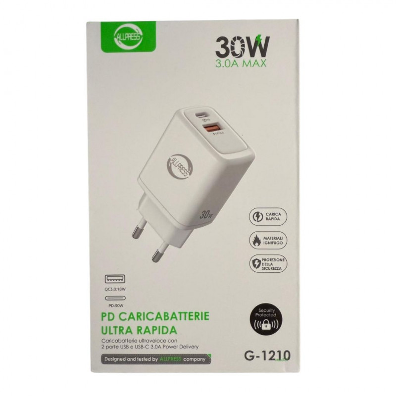 Allpress Ultra-fast Charger with 1 USB-C 30W Port and 1 USB Quick Charge