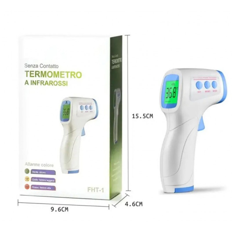 MU FHT1 Forehead non-contact thermometer (1–3 cm) with color fever alert. Body 32–42.9°C, object 0–100°C. Body accuracy ±0.2°C. 