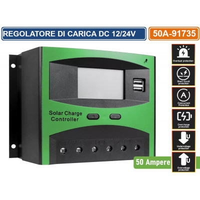 PWM Solar Charge Controller 50A (12/24/48V, LCD) 3-stage PWM charging, real-time charge/discharge current readout and configurab