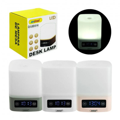 Andowl LED Desk Lamp with Clock Rechargeable 15W Table Light Warm White Night Lamp with Display and Timer