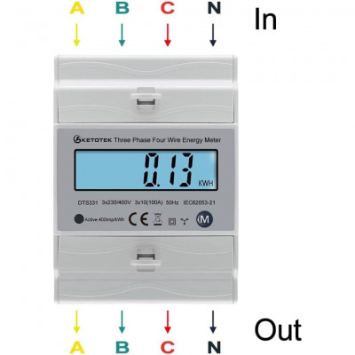 KETOTEK DTS331 Three Phase Energy Meter DIN Rail 3x230/400V 100A kWh Power Monitor Wattmeter LCD Backlight Industrial Meter