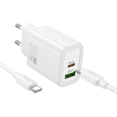 HOCO Phone Charger USB-A + USB-C QC3.0 PD 3A 30W + Cable USB-C to USB-C White