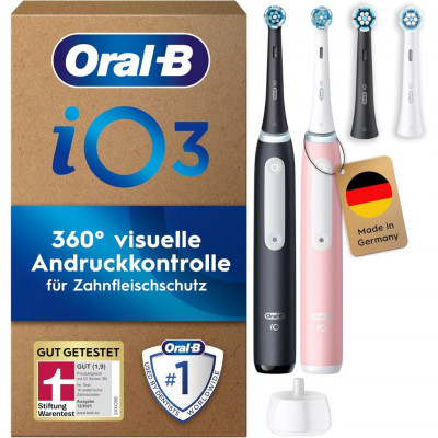 Oral-B iO Series 3 Electric Toothbrush Double Pack 4 Brush Heads 3 Modes Pressure Sensor Braun Black/Pink