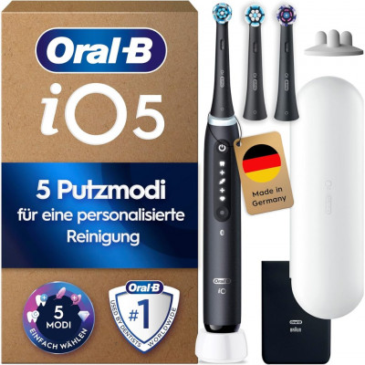 Oral-B iO Series 5 Plus Electric Toothbrush 3 Heads Travel Case 5 Modes Pressure Control Braun Black